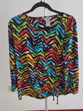 Multiples Multicolor Zigzag Drawstring Long Sleeve Top